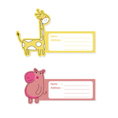 Cute animal label design giraffe and hippopotamus character design isolated on white background