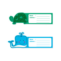 Cute animal label design turtle and whale character design isolated on white background