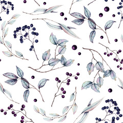 Seamless Pattern of Watercolor Blue Leaves and Berries