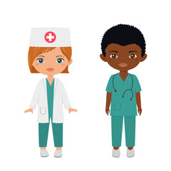 Obraz premium 1464_Cute chibi characters in medical suits. Isolated on white background. Professions for children . Flat cartoon style