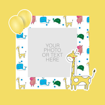 Photo frame with cartoon giraffe and balloons design