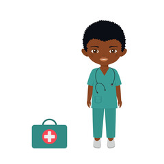 1461_Cute chibi boy character in medical suit. Isolated on white background. Professions for children . Flat cartoon style