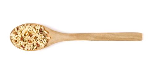 Integral rice pile in wooden spoon isolated on white background, top view