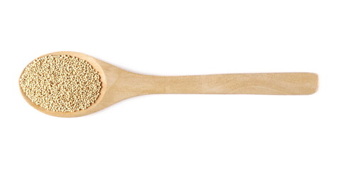 Amaranth seeds in wooden spoon isolated on white background, top view
