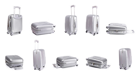 Travel suitcase isolated. Set of silver plastic luggage or vacation baggage bag on white background. Design of summer vacation holiday concept.
