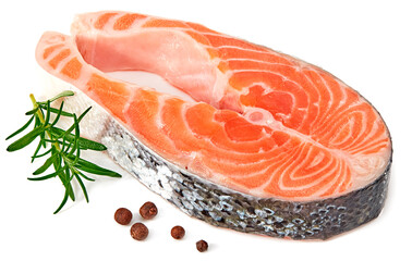 slice of raw fish, salmon, trout, steak, with rosemary isolated on white background, full depth of field