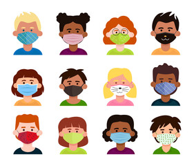 Children with medical masks on their faces. Collection of various characters.