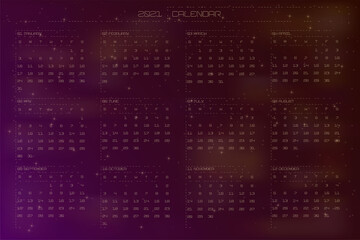 2021 calendar dark space astro style. Night cosmic violet orange gradient sky and shiny stars. Calendar design concept week starts on sunday