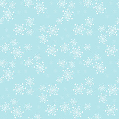 Vector seamless pattern with abstract snowflakes and tiny hearts. Doodle style minimalist background. Subtle blue and white minimal texture. Elegant repeat design for decor, print, textile, wallpapers