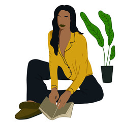 Modern minimalistic flat illustration of woman reading the book.  vector concept eps 10