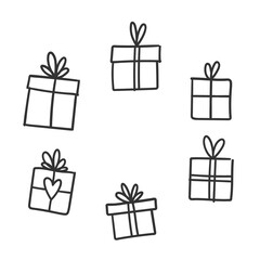 Hand drawn gifts collection. Present box with ribbons. Doodle illustrations. Christmas gift symbols.