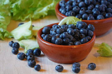 Vitamin collection from your own garden. Bowls full of blueberries and lettuce