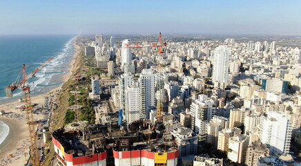 Netanya, Israel from a bird's eye view. Top-down view of the city during the Yom Kippur holiday,...