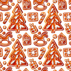 Watercolor Christmas delicious. Seamless pattern of cute different gingerbread. Isolated on white background.