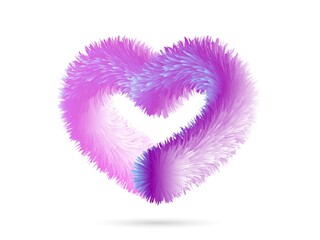 Fluffy 3D heart. Pink and soft with protruding villi romantic congratulation love valentine card with volumetric vector bends.