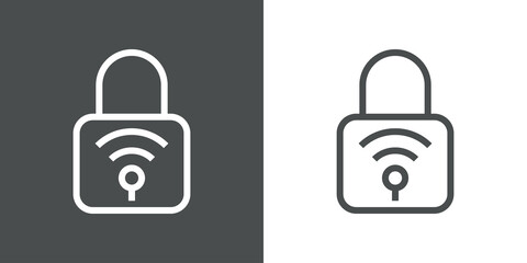 Conexión WiFi segura. Logotipo candado con ondas con lineas en fondo gris y fondo blanco	