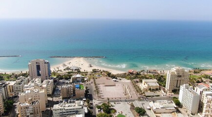 Netanya, Israel from a bird's eye view. Top-down view of the city during the Yom Kippur holiday,...
