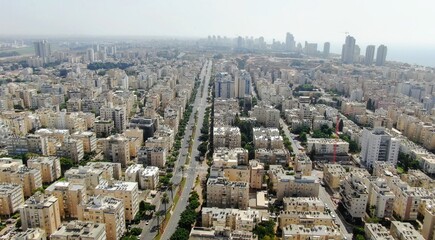 Netanya, Israel from a bird's eye view. Top-down view of the city during the Yom Kippur holiday,...