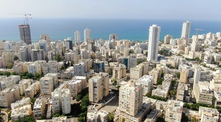 Netanya, Israel from a bird's eye view. Top-down view of the city during the Yom Kippur holiday,...