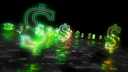 Dollar money symbol abstract neon 3d illustration