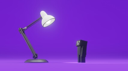 People Miniature Looking at Big Study Lamp. 3D rendering Illustration at Purple Background