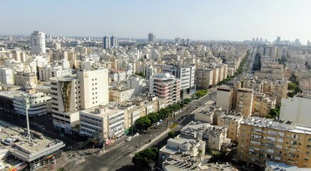 Netanya, Israel from a bird's eye view. Top-down view of the city during the Yom Kippur holiday,...