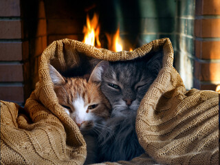 Cats under a blanket by the fireplace