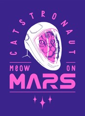 Space cat in the new space suite going to Mars. Catstronaut t-shirt print vector illustration. Meow on Mars.