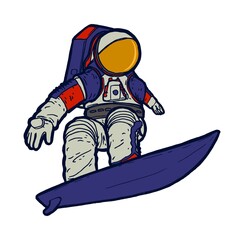 Astronaut in new space suit surfing. Space surfer isolated vector illustration.