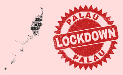Vector Covid lockdown collage Palau map and dirty stamp seal. Lockdown red seal uses sharp rosette shape. Collage Palau map is constructed of Covid-2019, and locked icons.