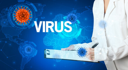 Doctor fills out medical record with VIRUS inscription, virology concept