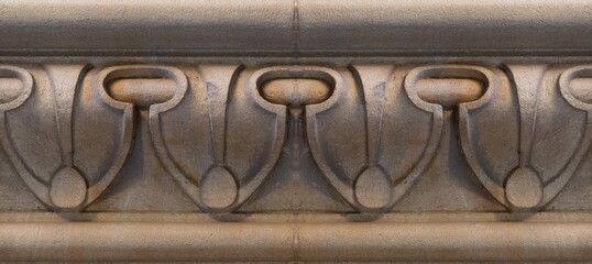 Elements of architectural decorations of buildings, gypsum stucco, wall texture, plaster molding and patterns. On the streets in Catalonia, public places. © Kozlik_mozlik
