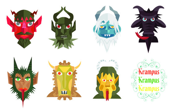 scary and cute Christmas Krampus face set.