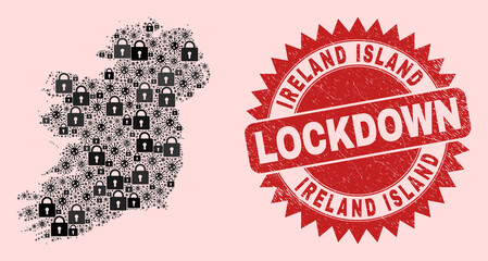 Vector pandemic lockdown collage Ireland Island map and corroded stamp print. Lockdown red seal uses sharp rosette shape. Collage Ireland Island map is made from coronavirus, and lock items.