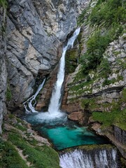 a view of a slovenian savica waterfall