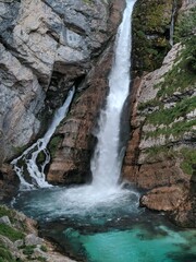 a view of a slovenian savica waterfall
