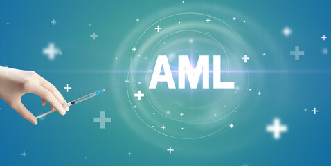 Syringe needle with virus vaccine and AML abbreviation, antidote concept