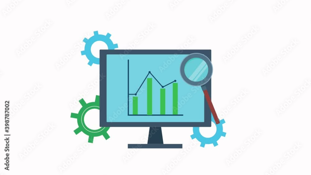 Poster statistics in desktop computer with gears and magnifying glass