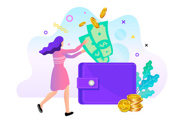 A woman Standing near a big wallet. Money Transfer and Payment Transaction in Online Banking. Vector Illustration.