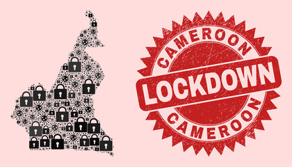 Vector Covid-2019 lockdown mosaic Cameroon map and grunge stamp print. Lockdown red seal uses sharp rosette form. Mosaic Cameroon map is created from Covid-2019, and lock symbols.