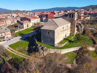 San Esteban church from drone view in the town of Canicosa de la Sierra in Burgos, Spain.
