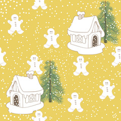 Seamless Snowman and Pine Tree with House Christmas Pattern