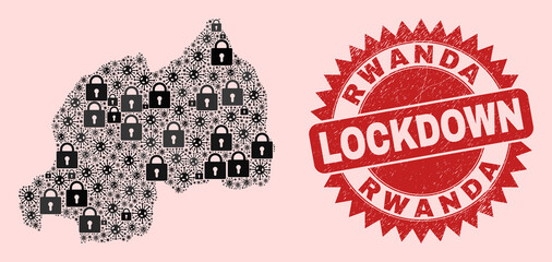 Vector Covid lockdown collage Rwanda map and dirty seal. Lockdown red stamp seal uses sharp rosette form. Mosaic Rwanda map is formed with covid- 2019 virus, and locked items.