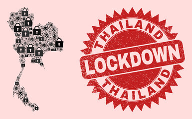 Vector pandemic lockdown mosaic Thailand map and unclean stamp imitation. Lockdown red stamp uses sharp rosette form. Mosaic Thailand map is done of Covid, and lock icons.