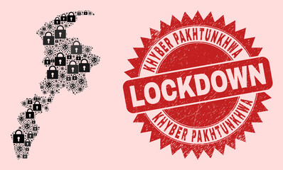 Vector Viral lockdown mosaic Khyber Pakhtunkhwa Province map and rubber seal. Lockdown red seal uses sharp rosette form. Collage Khyber Pakhtunkhwa Province map is designed from infection,