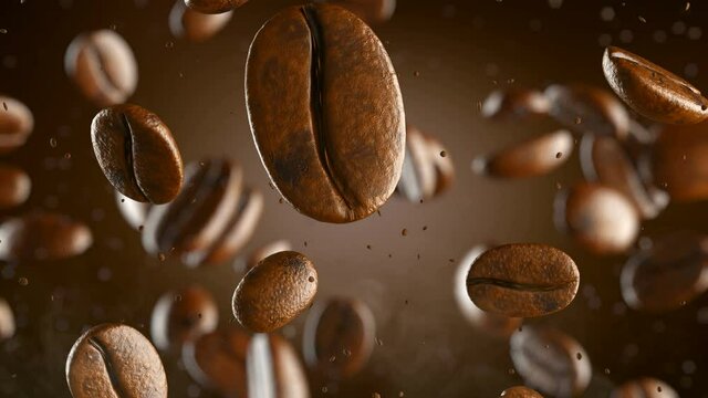 Roasted coffee beans with coffee dust falling down in front of dark and green screen background. Professional slow motion 4K 3d animation.