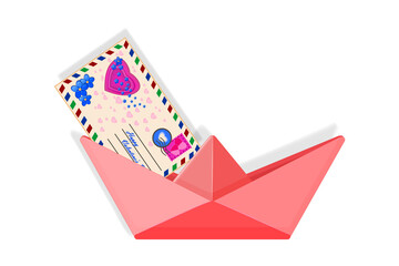 Paper boat with love letter isolated on white background. Paper cut and craft style. Valentine envelope in love paper ship. For Valentine's Day,card,wedding and engagement, online chat services.Vector