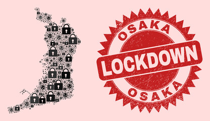 Vector pandemic lockdown collage Osaka Prefecture map and rubber seal. Lockdown red imprint uses sharp rosette form. Collage Osaka Prefecture map is created with flu virus, and lock items.