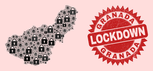 Vector Viral lockdown composition Granada Province map and grunge stamp seal. Lockdown red stamp seal uses sharp rosette shape. Mosaic Granada Province map is composed of infection,
