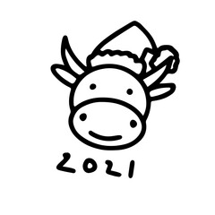 Doodle symbol of Chinese New Year 2021. Cute bull in Santa hat isolated on white background. Outline ox, cow as lunar zodiac sign. Happy New Year sticker, postcard, print. Vector holiday illustration